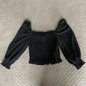 Black Shirred Long Sleeve Top